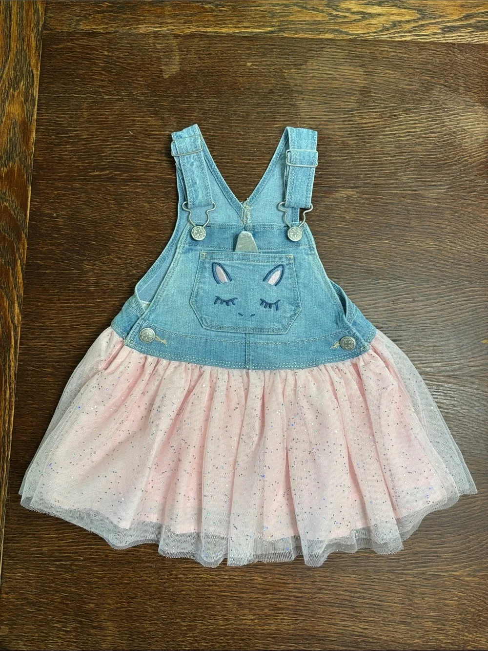OshKosh B'gosh Denim Unicorn Overall Dress with Pink Tulle Skirt Girl’s Size 2T